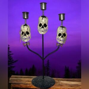 Vtg Halloween Three Branch Candlestick, Skulls With Monocle And Bow Ties